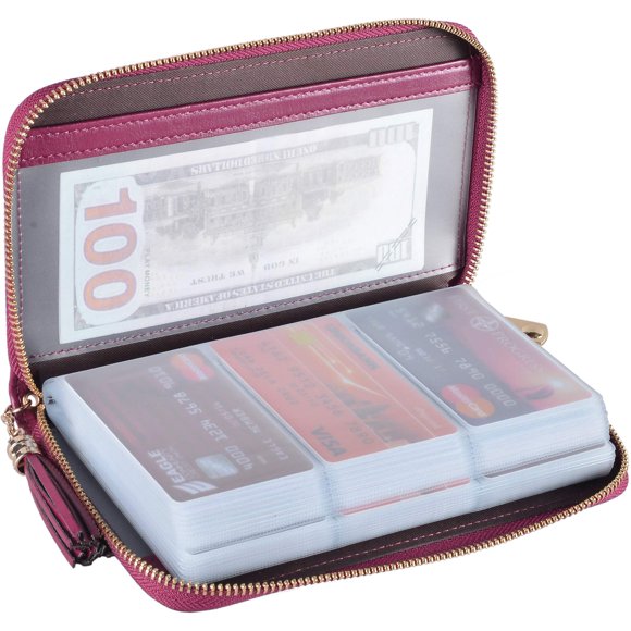 Yuhan Pretty Cartera Para Tarjetas De Crédito Para Mujer, De Piel Rfid, Pequeña Funda Para Tarjetas De Identificación (60 Ranuras Para Tarjetas, Color Morado Oscuro)