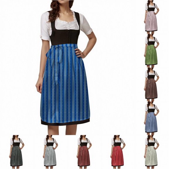 Xijirk Women's Dirndl Dress Traditional Bavarian Short Sleeve Vertical Stripe Midi Apron Costume for Oktoberfest Cosplay Theme Party,M