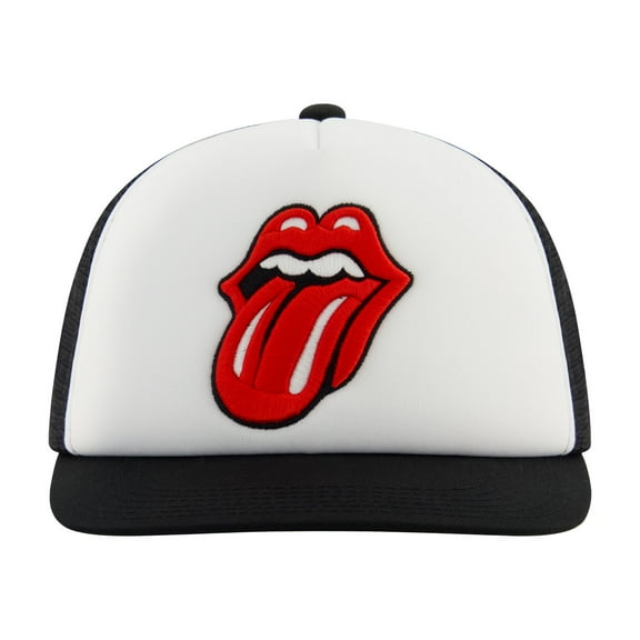 Mens Rolling Stones Trucker-Style Snapback Hat, Classic Logo on White Crown, Black Bill, OSFM