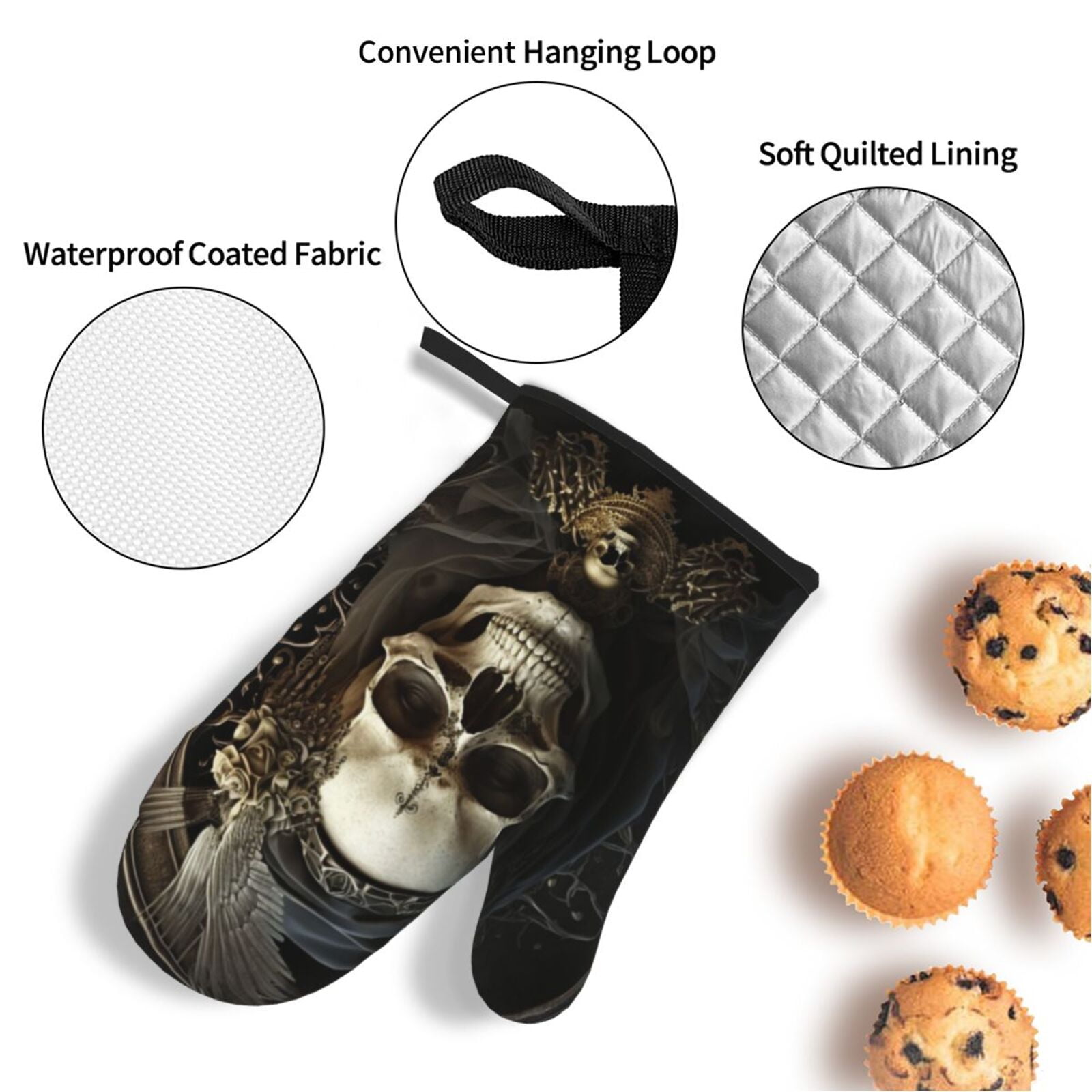 Gothic Witchy Skull Black 4Pcs Oven Mitts and Pot Holders Sets Oven Kitchen Gloves Hot Pads for Cooking BBQ Baking Grilling