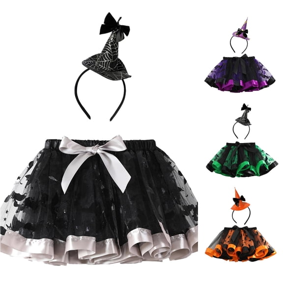 Zylarhe Kids Girls Ballet Skirts Hallowmas Party Prints Tulle Dance Skirt Hairband Set Black 2-3 Years