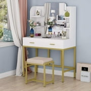 TribeSigns Vanity Set with Mirror and Cushioned Stool, Large Makeup Vanity with Storage Shelves and Drawers, Dressing Table for Women, Girls
