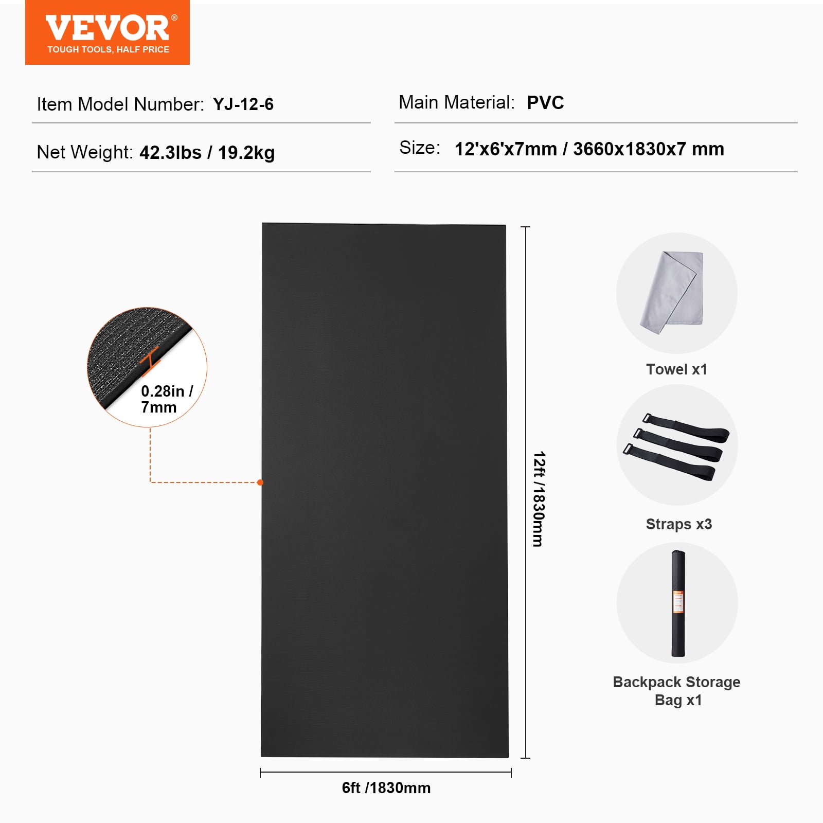 VEVOR Exercise Mat, Non Slip High Density Premium Yoga Mat, Exercise Yoga Mat for Men Women, Fitness & Exercise Mat with Bag & Carry Strap, for All Types of Home Yoga, Floor Workout (12x6ft)