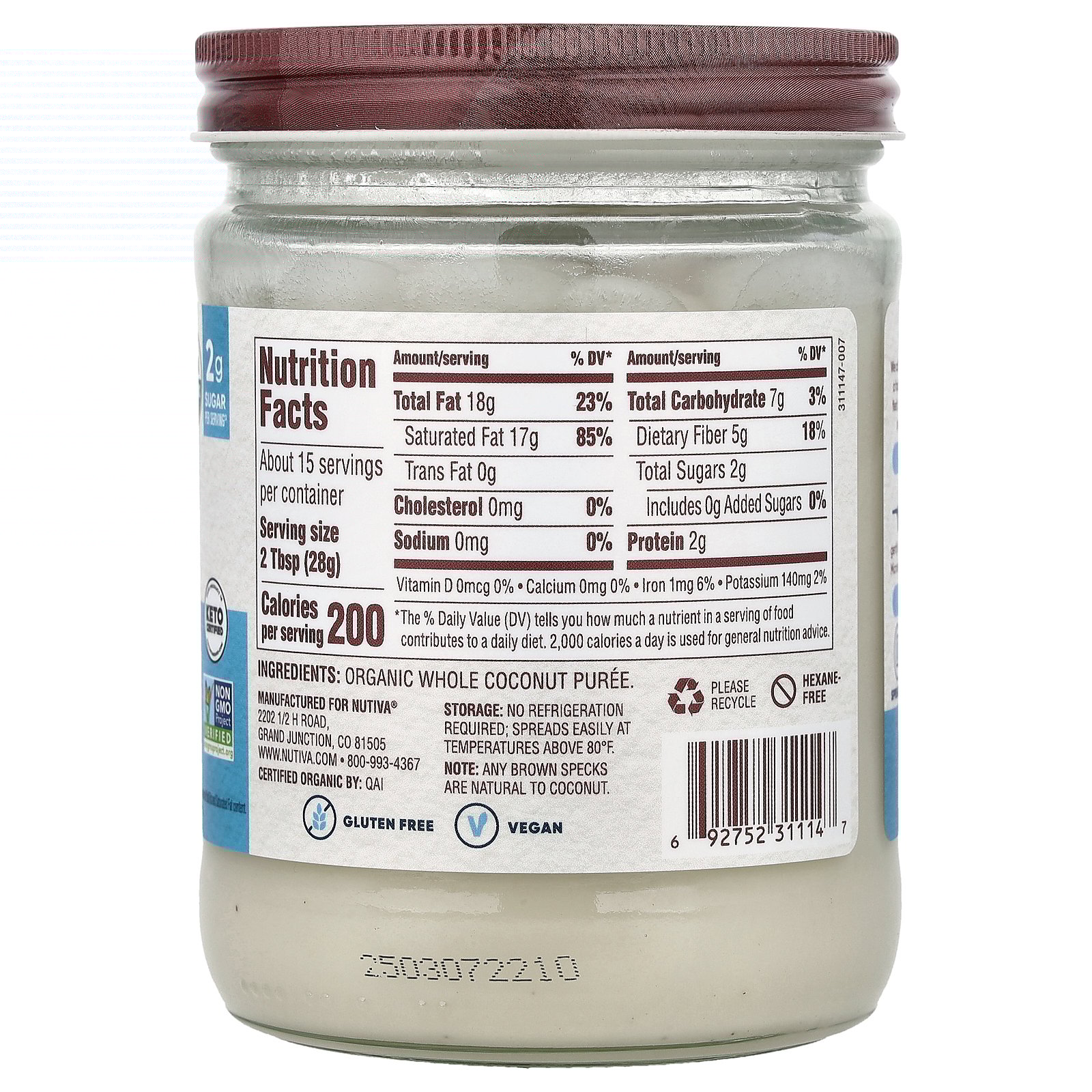 thumbnail image 4 of Nutiva Organic Coconut Manna Puréed Coconut Butter, 15 Oz, USDA Organic, Non-GMO, Vegan, Gluten-Free & Keto, Creamy Spread for Smoothies, Oatmeal, Curries & Coconut Milk, 4 of 4