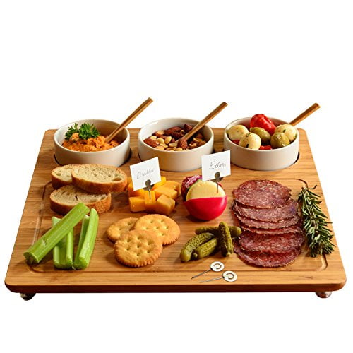 Picnic at Ascot Bamboo Cheese Board/Charcuterie Platter - Includes 3 Ceramic Bowls with Bamboo Spoons & Cheese Markers -13"x 13"- Designed and Quality Checked in the USA
