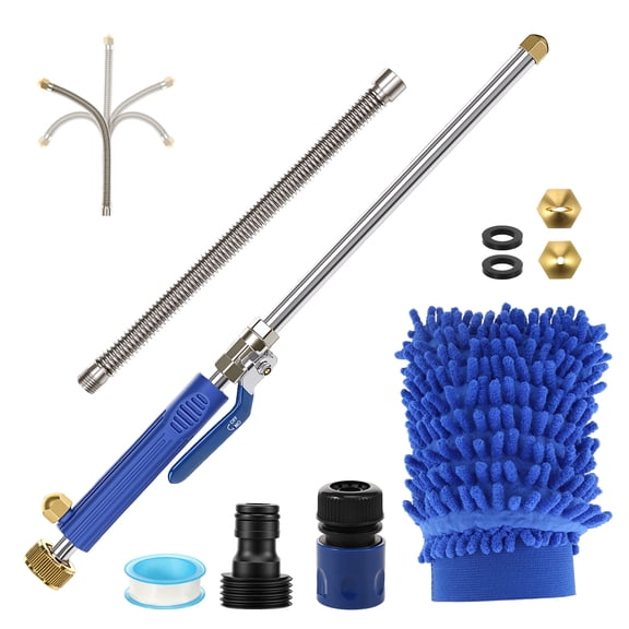 High Pressure Hose Nozzle with Extension Wand, 2-in-1 Garden Hose Pressure Washer Attachment for Car Wash & Gutter Cleaning, Flexible Hydro Jet Power Washer Wand with 2 Nozzles and Cleaning Glove