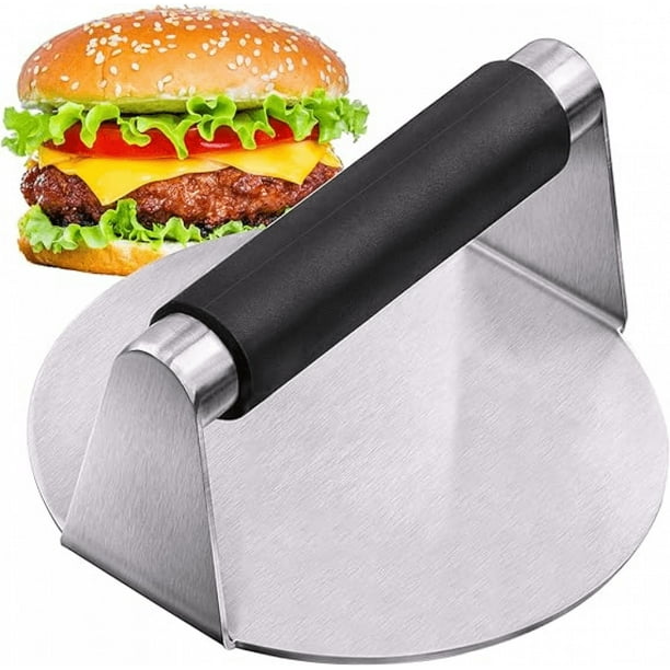 Prensa para hamburguesas Smash con mango antiescaldaduras, herramienta para aplastar hamburguesas plateada de 14*14*7,5 cm, prensa para tortillas a la parrilla con tocino y carne, máquina para hacer