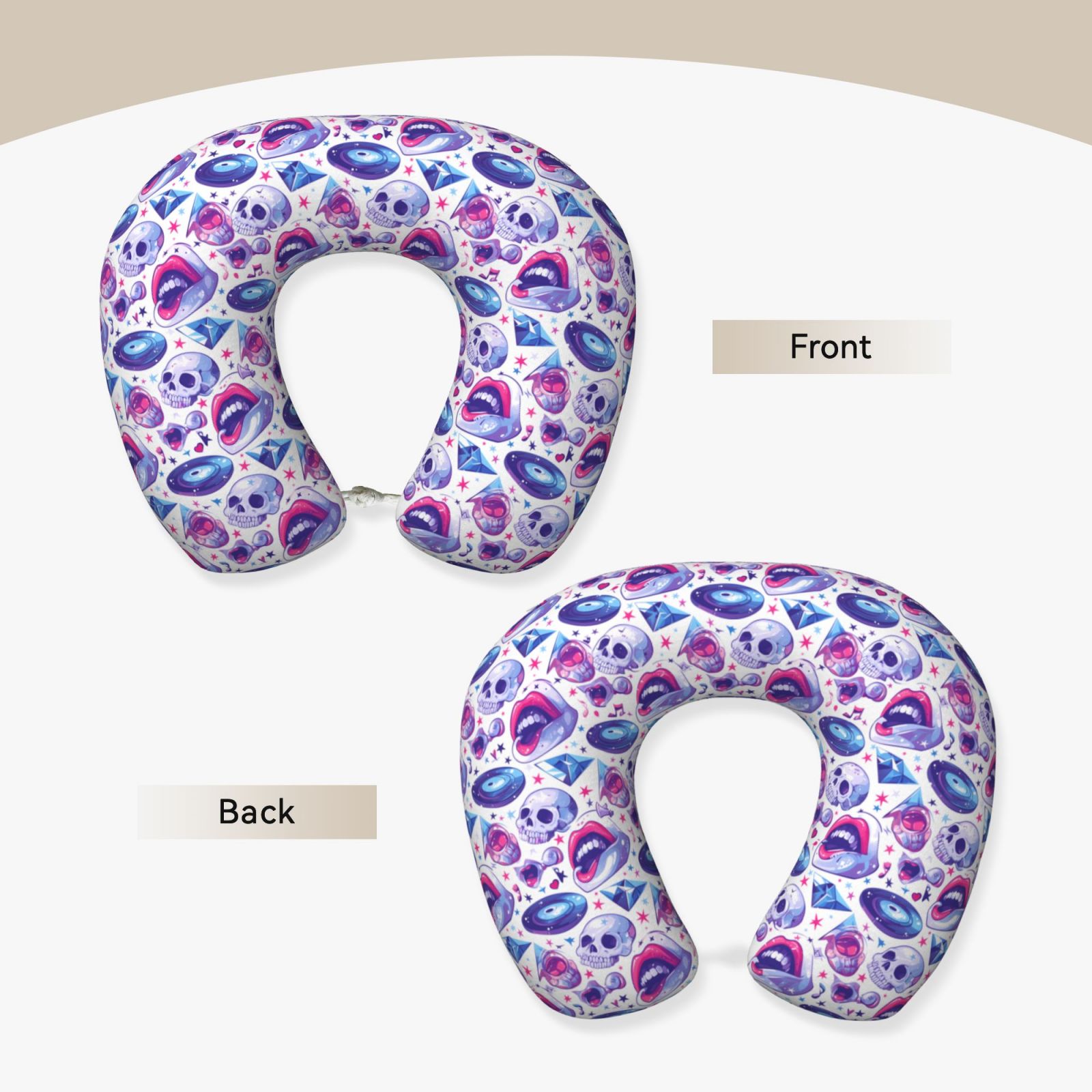 Xecao crystal Skull record lips Print Memory Foam Cervical Neck Pillow Versatile U-Shaped Pillows for Home,Office,Camping,Travelling,Soft Washable Cover