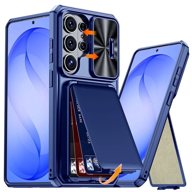 Vizvera para Samsung Galaxy S26 Ultra Funda de Teléfono con Tarjetero y Soporte y Cubierta Deslizante para Lente de Cámara, Protección Resistente de Alta Durabilidad Funda de Teléfono-azul