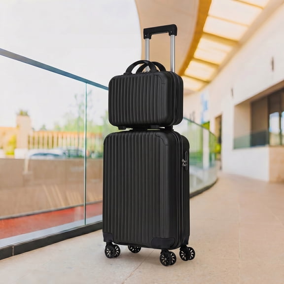 2 Piece Hardside Carry On Luggage Set – Black ABS Hard Shell 20" Spinner Suitcase with 14" Mini Makeup Case for Travel & Business