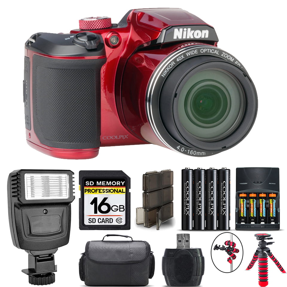 Nikon COOLPIX B500 RED 40x Optical Zoom + Flash + Case 16GB Kit Bundle