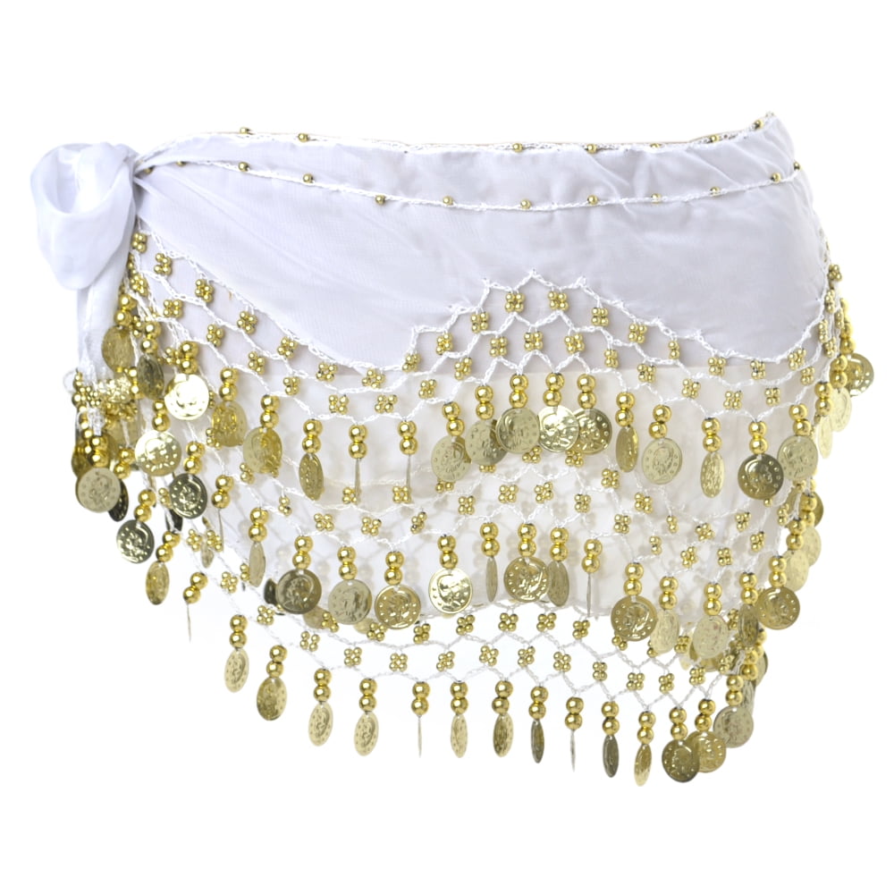 BellyLady Belly Dance Hip Scarf 158 Gold Coins Dance Skirt-White