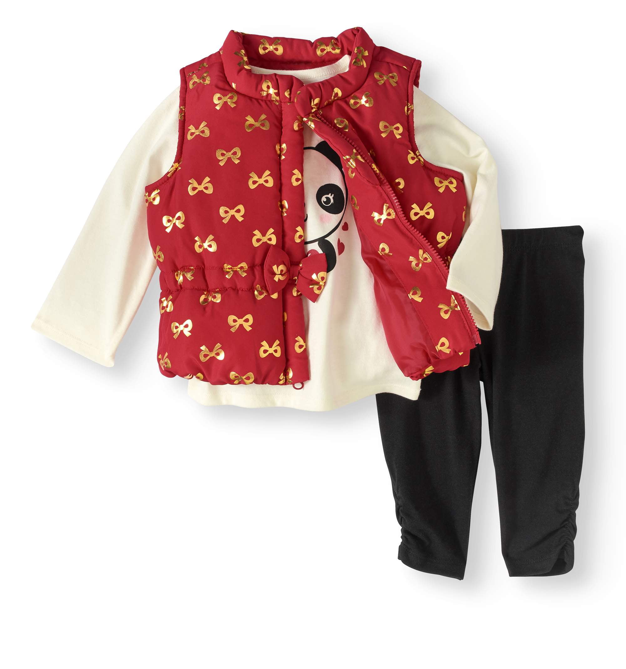 Newborn Baby Girl Bow Detail Foil Puffer Vest, Top, and Legging 3pc Set