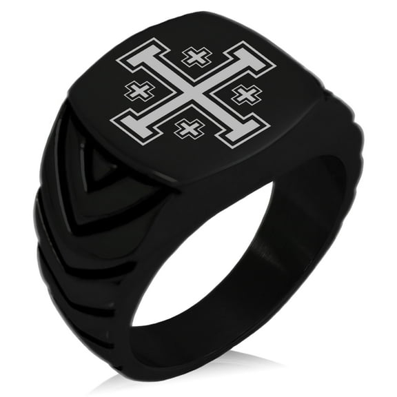 Stainless Steel Jerusalem Cross Chevron Pattern Biker Style Polished Ring