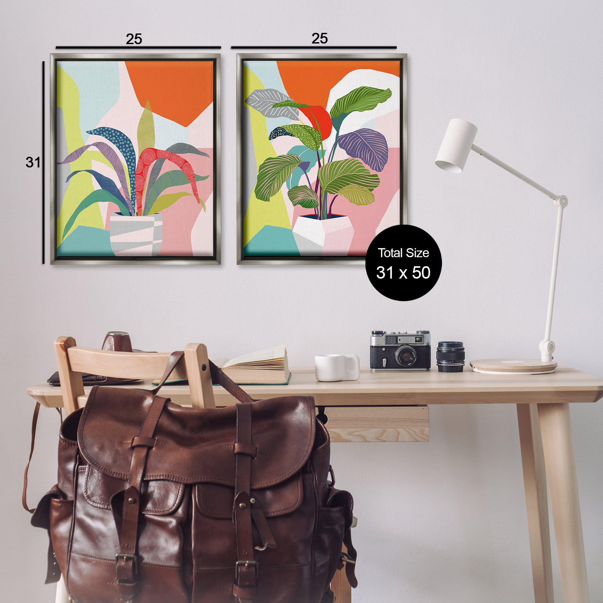 Stupell Industries Lively Patterned Plant Leaves Floral & Botanical Painting Gray Floater Framed Canvas Art Print Wall Art, 31 x 25, Set of 2