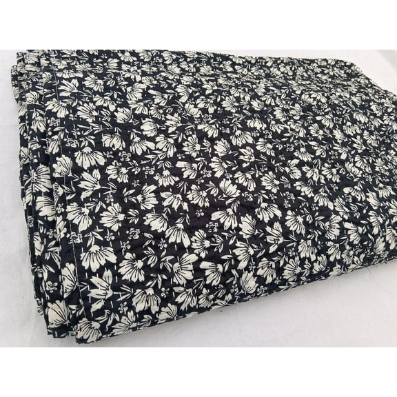 Julia Design Kantha Quilt Handblock Print Black& white floral Kantha Indian Netural Colour Indian inspired Bedding Hand Stitched Rural quilt A And E Textiles House