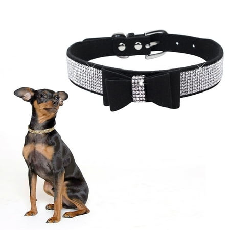 Black Dog Collar Rhinestone - Bling Crystal Dog Collar Metal Adjustable Puppy Bow Tie Rhinestone Soft Collars Pet Supplies for Small Medium Dogs