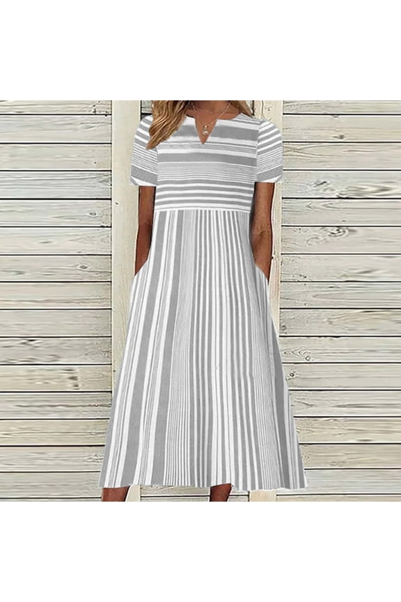 Dresses For Women 2023 Back to School Sun Dresses Women Summer Casual Women'S Fashion Casual Short Sleeve V-Neck Striped Print Pocket Maxi Dress Gray
