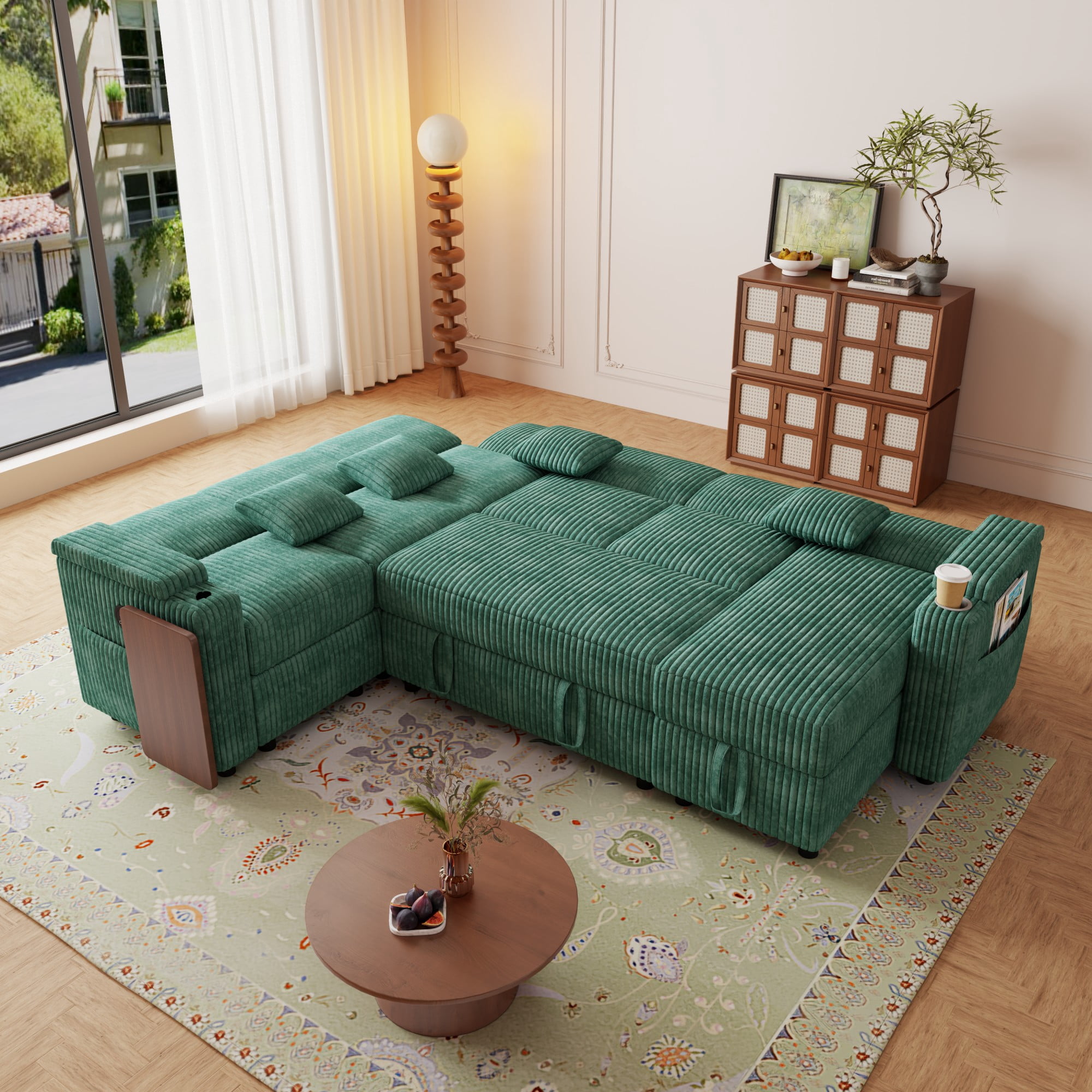 BSHTI 100" Corduroy U‑Shaped Convertible Pull‑Out Sofa Bed with USB Ports, Desk & Cup Holder for Living Room,(Green)