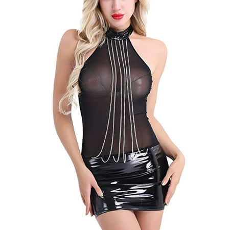 

Gaiseeis Women Collar Chain Leather Lingerie Sexy Tights Sexy Underwear Black M