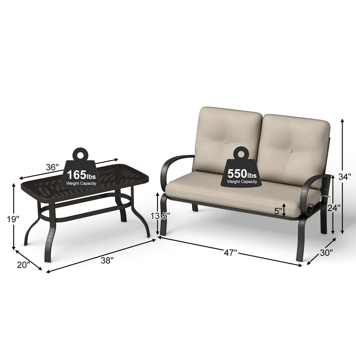Costway 2 Pcs Patio Outdoor LoveSeat Coffee Table Set Furniture Bench With Cushion