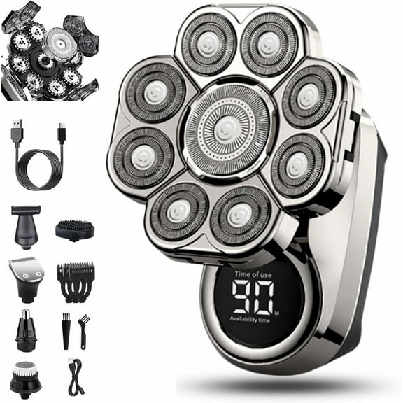 9D Electric Head Shaver, 9D Floating Head Shaver for Bald Men, 6-in-1 Detachable Head Shavers, IPX7 Waterproof Wet Dry Shaving, Intelligent LED Display, Rechargeable Cordless Razor