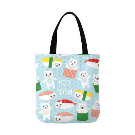 ASHLEIGH Funny Kawaii Sushi Emoji and White Cute Cat with Waves Canvas Tote Bag Resuable Grocery Bags Shopping Bags Perfect for Crafting Decorating for Women Men