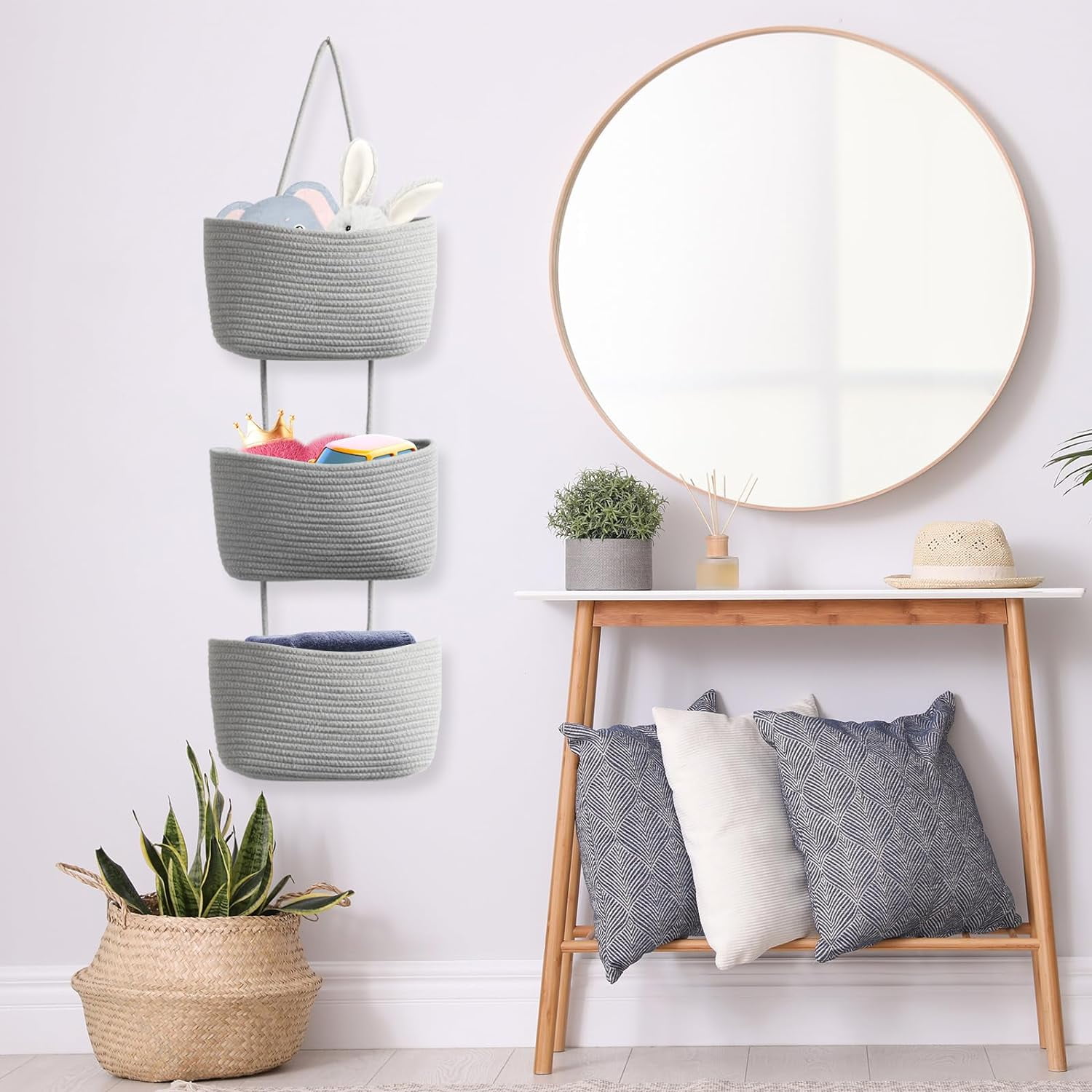 Over the Door Hanging Basket, 3-Tier Woven Cotton Wall-Mounted Storage Organizer Bag Decorative Hanging Nursery Baskets - Jute
