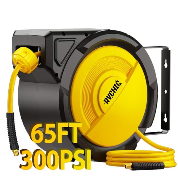 Rvchic 5/16"x65 ft Retractable Air Hose Reel with 180°Swivel & Lock,300 PSI Pneumatic Hose Reel with 6.5ft Lead-in,Any Length Lock,for Automotive Maintenance,Yellow