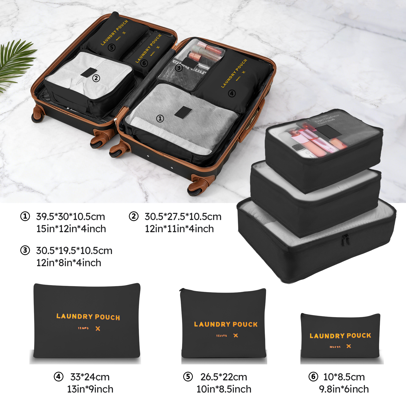 3 Piece Luggage Sets with 6 PC Organize Bags Lightweight Suitcases with Spinner Wheels, Black&Brown