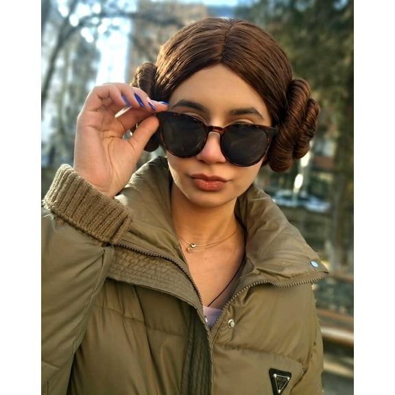 HPO Adult Women's Brown Space Princess Wig – Shoulder-Length Costume Hair for Cosplay & Halloween