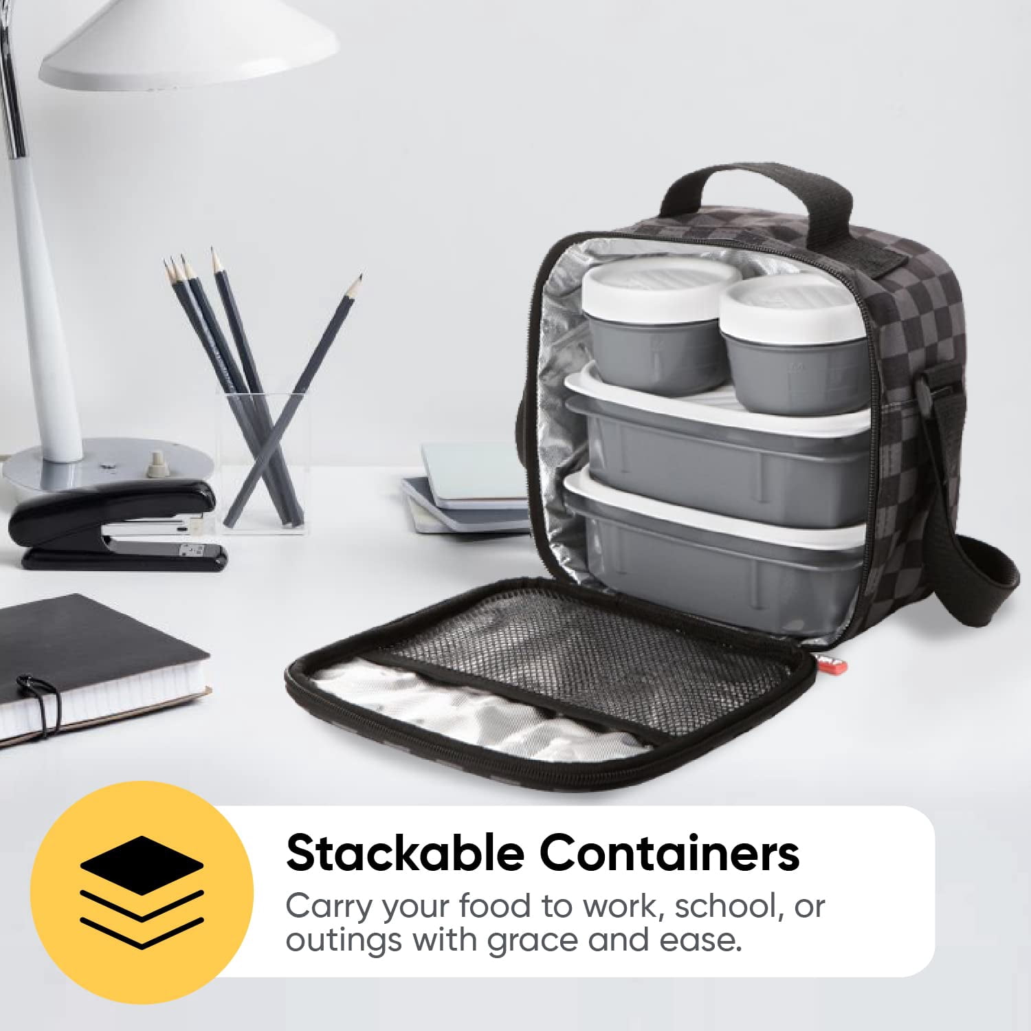 Insulated Lunch Bag with Containers, Thermal Lined Lunch Box, Reusable Leak Proof Containers for Work, Travel, and Beach, Grey Checked Small Lunch Bag with Adjustable Strap, Easy to Clean