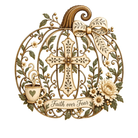 Rustic Farmhouse Metal Pumpkin Wall Decor with Cross and Coffee Cup Design, 1 Piece, Gold and Cream Finish for Living Room and Front Porch, Fall Decoration