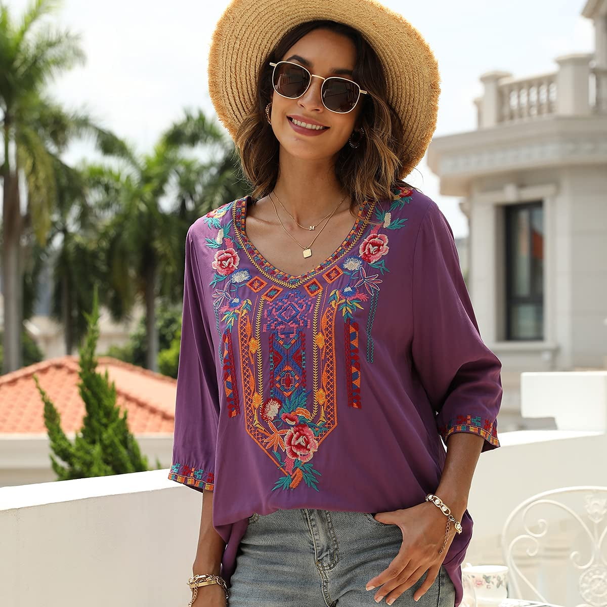 Women's Summer Boho Embroidery Mexican Bohemian Tops V Neck 3/4