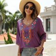 thumbnail image 7 of Women's Summer Boho Embroidery Mexican Bohemian Tops V Neck 3/4 Sleeve Causal Loose Shirt Blouse Tunic, 7 of 7