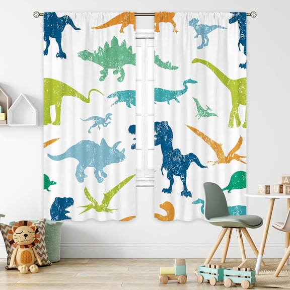 Kids Dinosaur Curtains 42W x 63L Inch Rod Pocket Cartoon Dino Baby Boys Bedroom Decor Cute Funny Safari Animal Children Toddler Nursery Art Printed Living Room Window Drapes Fabric 2 Panel Set