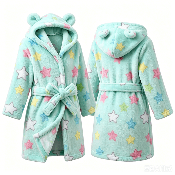 LYMAYTER Kids Girls Hooded Bathrobe Long sleeve Fleece Robe Girls Soft Cozy With Belt Pajamas for 1-7Y Toddler