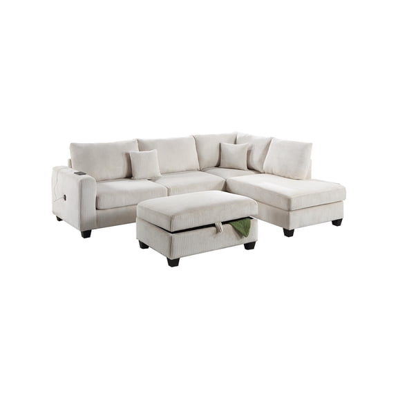 Poundex Upholstered Corduroy 3-Piece Sectional Set in Ivory with Foam Cushions