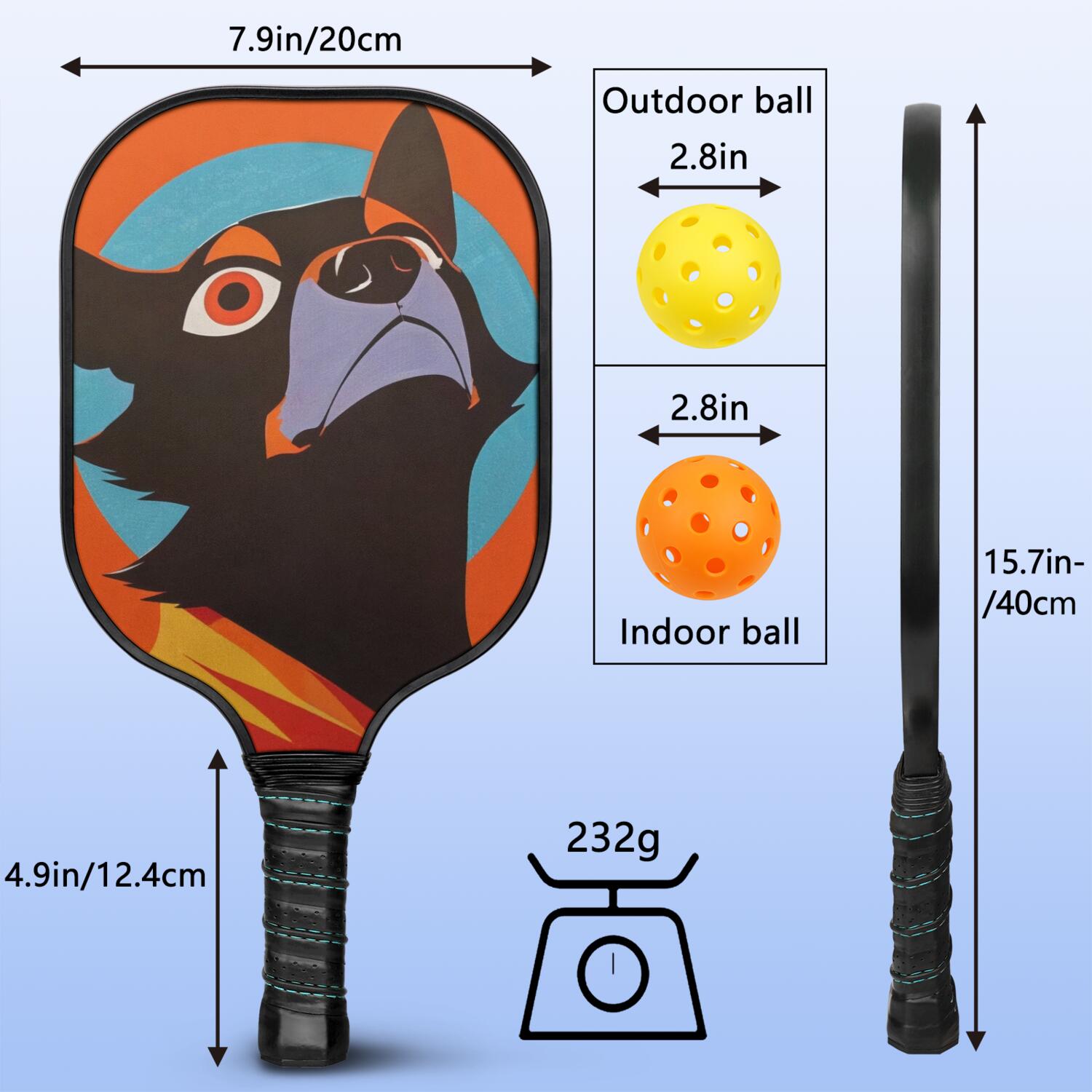 Pickleball Paddles Set Of 2, Fiberglass Surface, Astonished Dog Print, 4 Balls & Bag