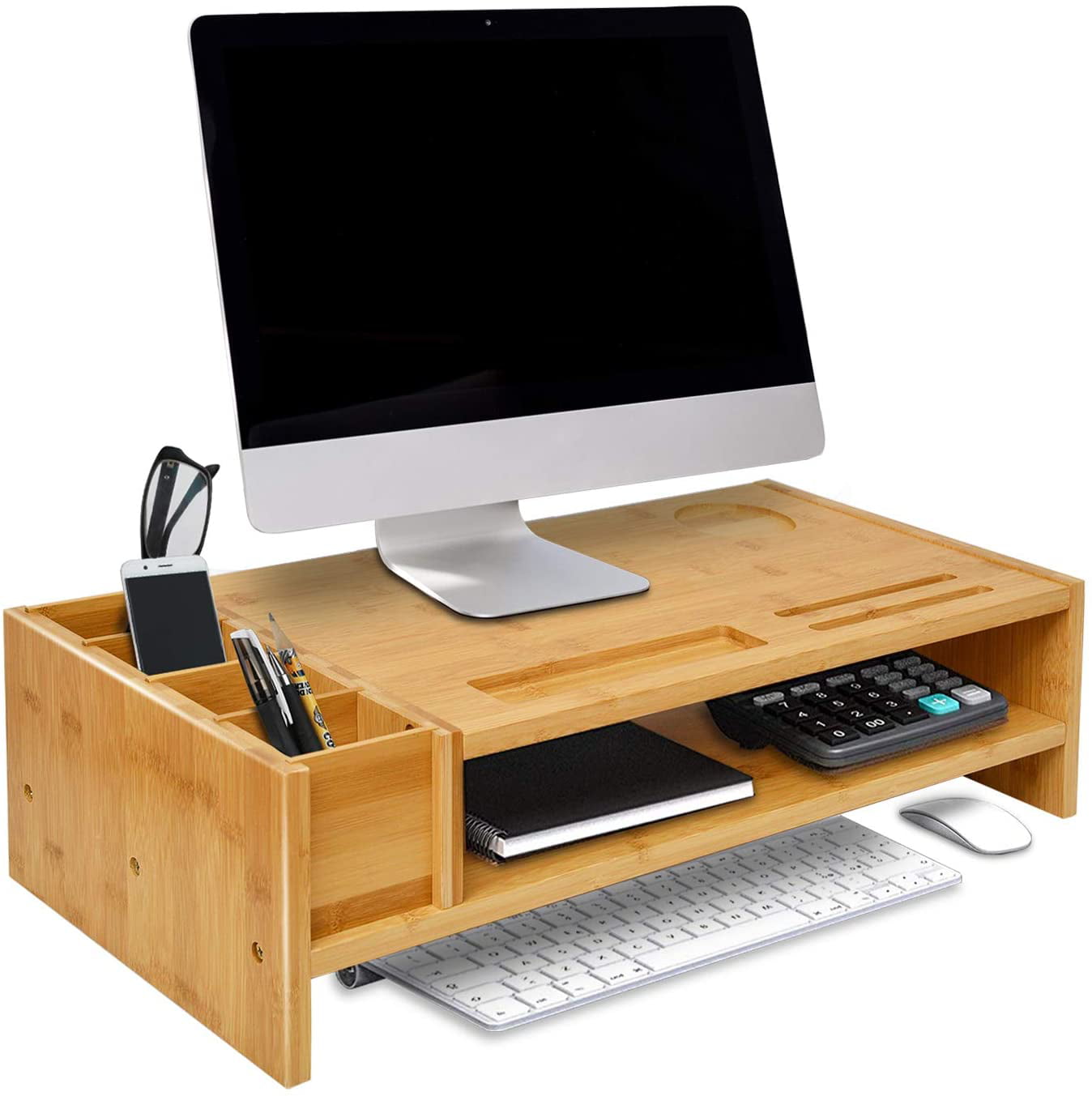 Bamboo Wood Monitor Stand Ergonomic Computer Riser with Storage Organizer Drawers Desktop Laptop Shelf Risers Cellphone Stand for Home