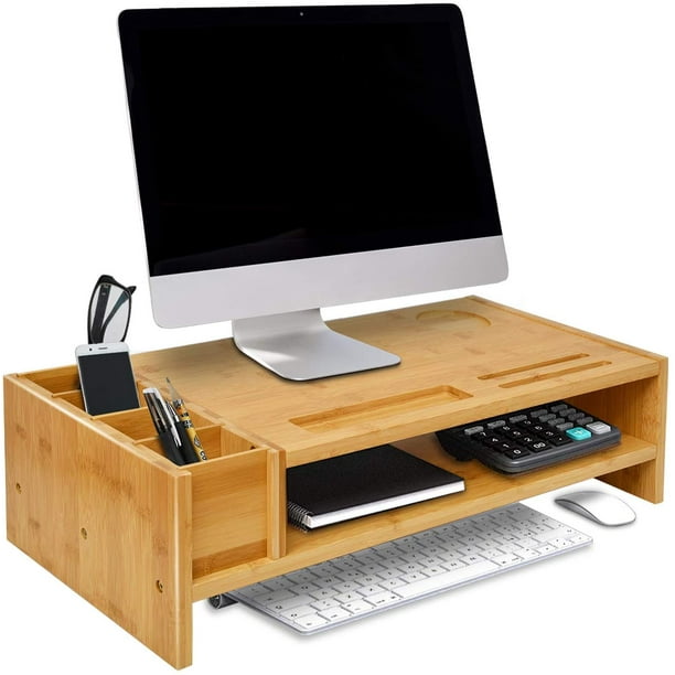 WAYTRIM 2Tier Bamboo Monitor Stand, Wood Computer Monitor Riser, Wooden Desk Organizers with