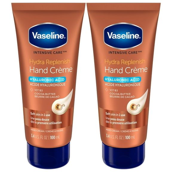 Vaseline Hand Cream 2-Pack – Hydra Replenish Hand Crème, Petroleum Jelly, Hyaluronic Acid, Cocoa Butter Lotion for Dry Skin with Vitamin B3, 3.4 Oz Ea