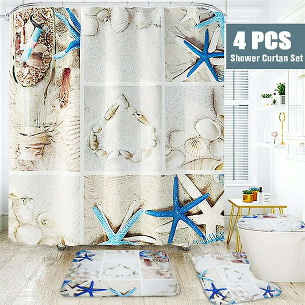 4 Pcs Shower Curtain Sets Fl Modern Luxury With Non Slip Rug Toilet Lid Cover And Bath Mat Ocean Conch Nautical 12 Hooks Waterproof Beach Fishing Nets 4 Pcs Shower Curtain Sets Fl Modern, Luxury Shower Curtain Hooks