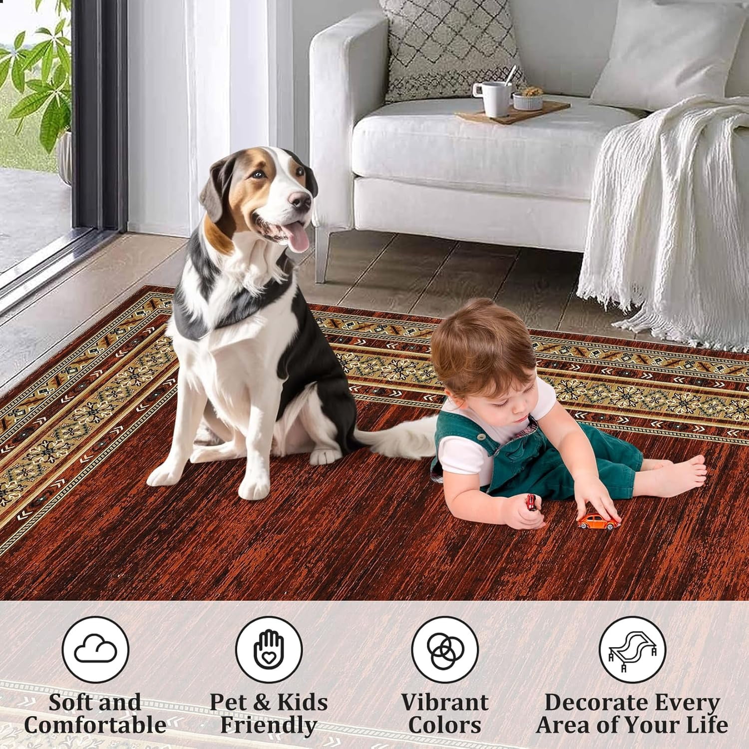 Memoryfield 2'x6' Runner Rug, Modern Bordered Washable Rug Non Slip Bedroom Runner Carpet for Laundry Room Kitchen, Red