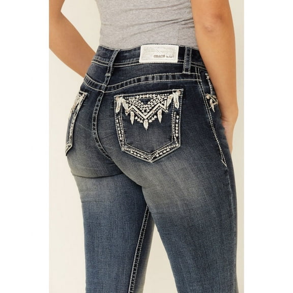 Grace in LA Women's Feather Aztec Embroidered Embellished Bootcut Stretch Jeans (25)