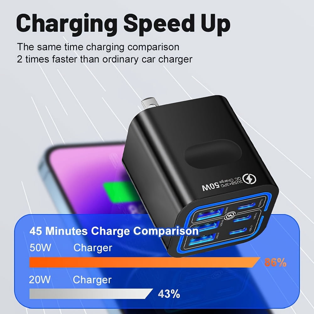 General 2pcs / 5pcs 50W 3 Type-C + 3 USB 6 Ports Mobile Phone Fast Charging Adapter USB Type C QC 3.0 Qiuck Charge Adapter Travel Charger Wall Charger for Iphone 16 Pro Max 15 14 13 12 for Samsung