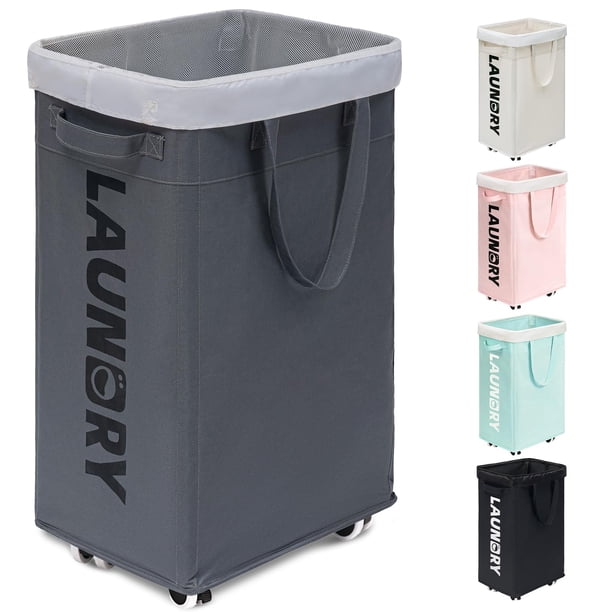 IHOMAGIC Cesto della Biancheria con Ruote 40L - Cesta del Bucato Sottile Pieghevole, Cesto Portabiancheria Rettangolare in Piedi, Sottile Secchi per La Biancheria per Hotel, Deposito Familiare (Beige