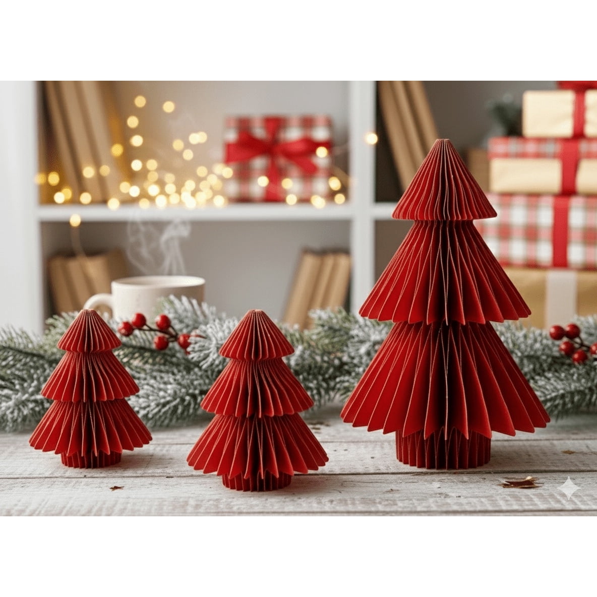 Paper Honeycomb Trees Christmas Decoration, Red, 3 Pieces, by Holiday Time
