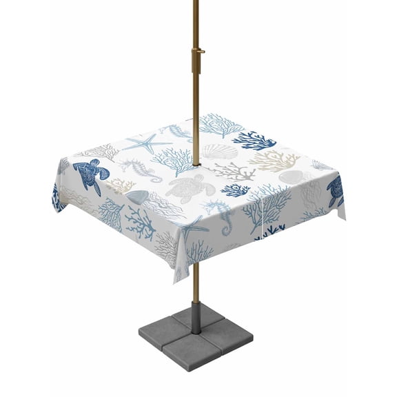Outdoor Table Cloth with Umbrella Hole and Zipper, Navy Blue Coastal Waterproof Square Tablecloth 54"x54", Nautical Summer Beach Coral Sea Turtle Washable Table Cover for Outside Party Patio Picnic