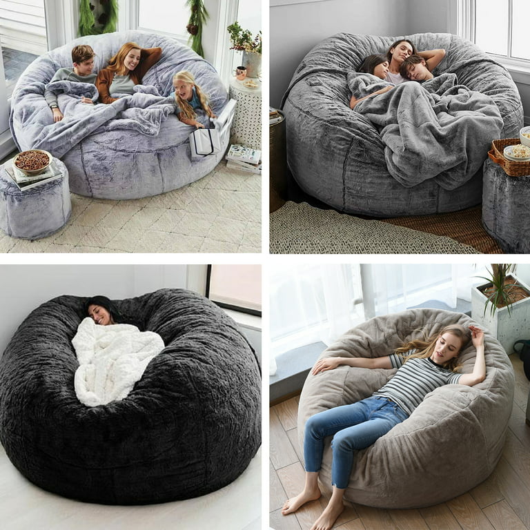 Shanna Bean Bag Chair Cover Big Round Soft Fluffy Velvet Lazy Sofa Bed Cover (Cover Only,No Filler),5ft, White, Size: 5ft /59x29.5 in, Gray